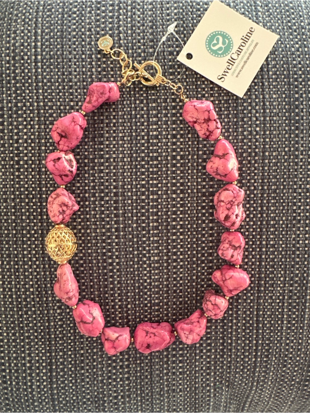 Pink Stone & Gold Filigree Accent Bead Necklace